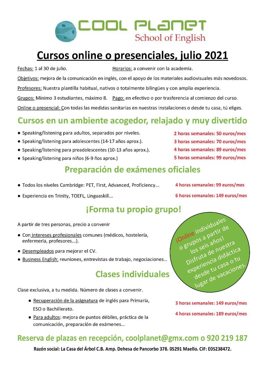 Cursos intensivos, clases individuales y conversación para julio